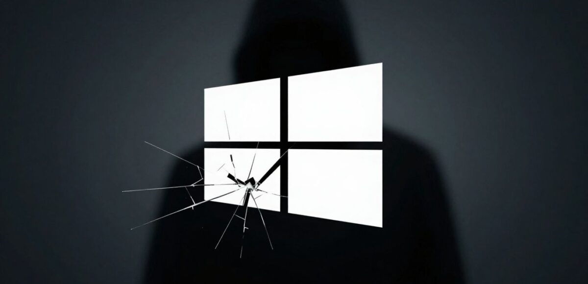 Windows 10 Logo mit Riss und dunkler Bedrohung