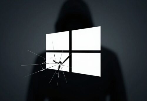 Windows 10 Logo mit Riss und dunkler Bedrohung