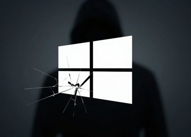 Windows 10 Logo mit Riss und dunkler Bedrohung
