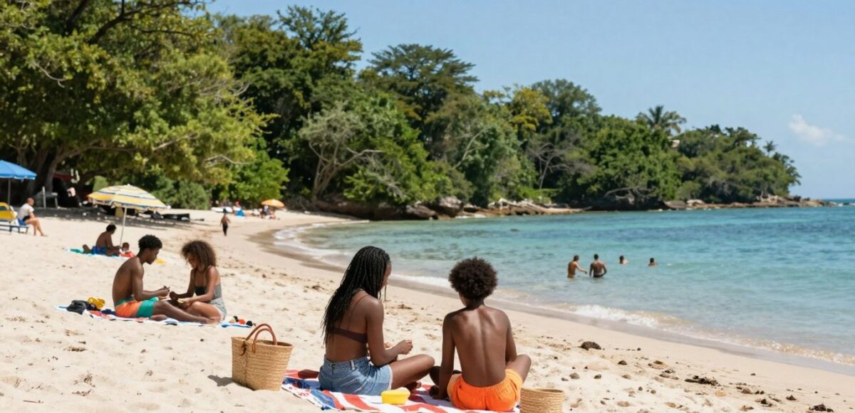 Sonniger Strand mit Menschen beim Picknick und Schwimmen.