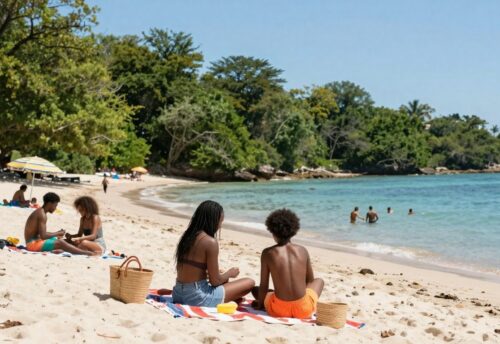 Sonniger Strand mit Menschen beim Picknick und Schwimmen.