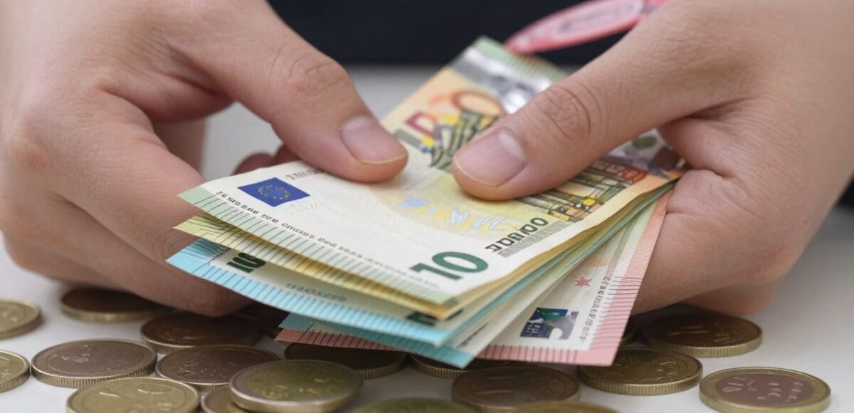 Hand hält Euro-Scheine und Münzen, Bargeld wird gehalten.