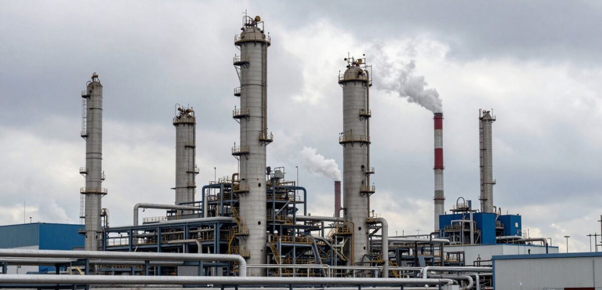 Chemiepark Leuna mit Industrieanlagen und Rauchschwaden.