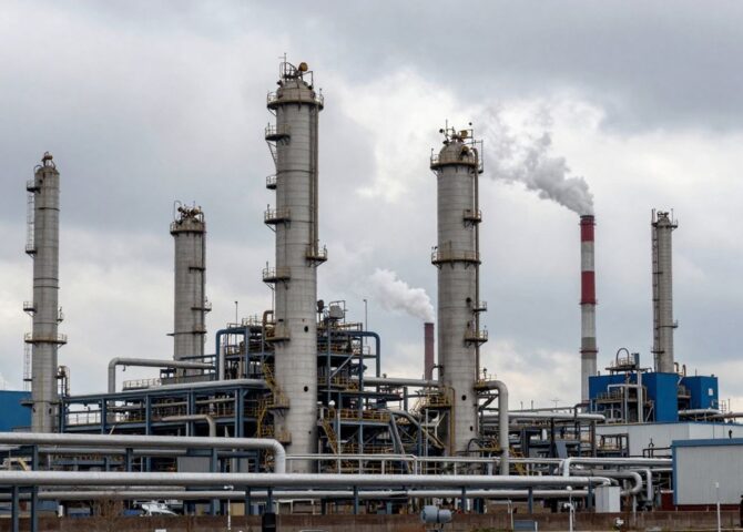 Chemiepark Leuna mit Industrieanlagen und Rauchschwaden.