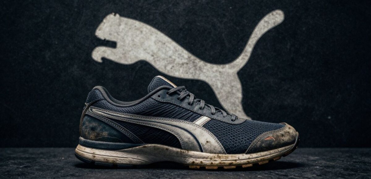 Puma Logo und abgenutzter Schuh auf dunklem Hintergrund
