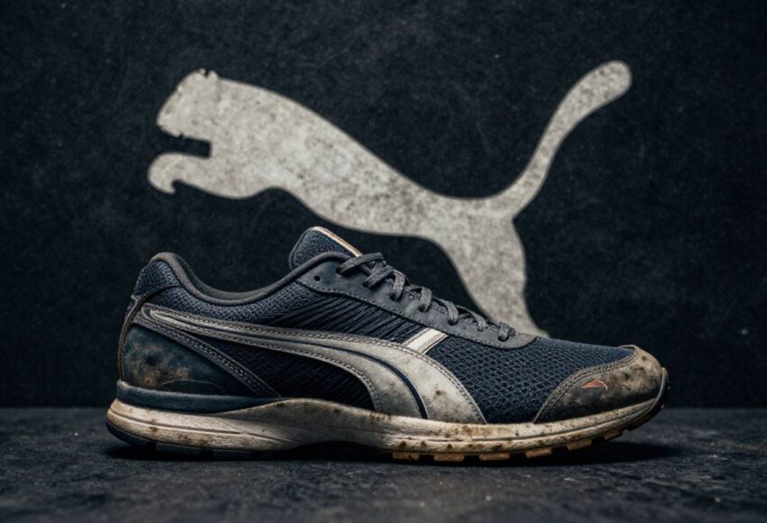 Puma Logo und abgenutzter Schuh auf dunklem Hintergrund