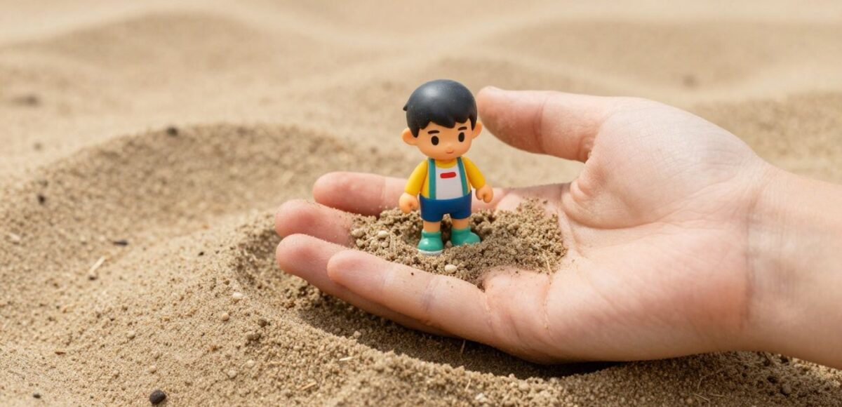 Kind spielt mit Sand und Spielfiguren