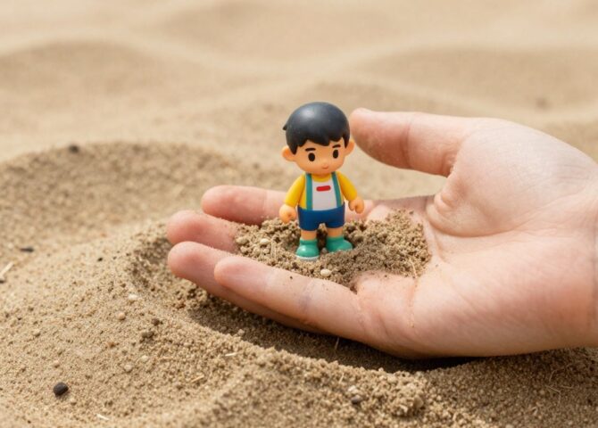 Kind spielt mit Sand und Spielfiguren