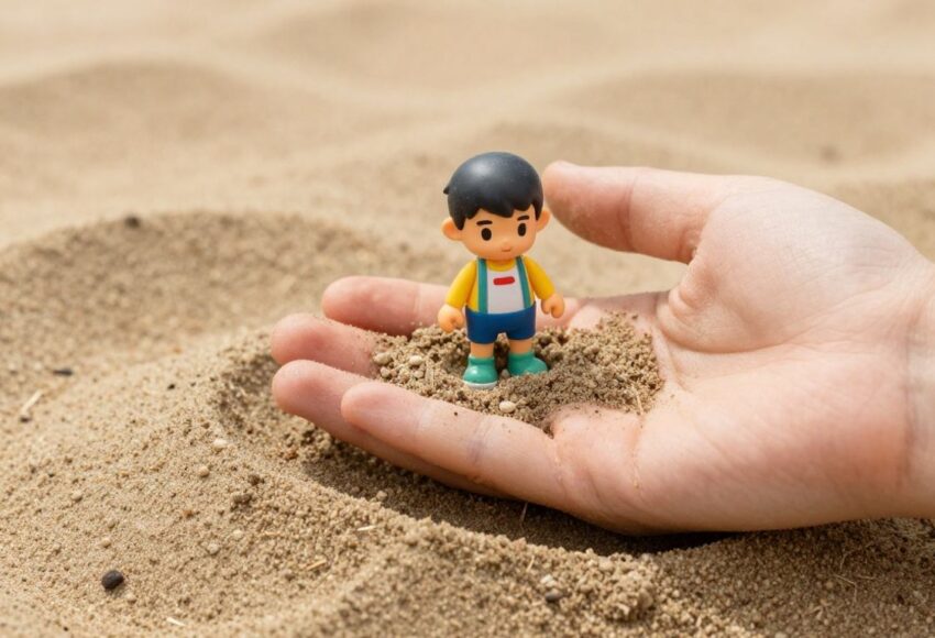 Kind spielt mit Sand und Spielfiguren