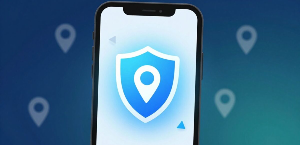 iPhone mit Datenschutz-Symbol und verschleiertem Standort-Pin.
