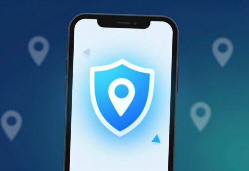 iPhone mit Datenschutz-Symbol und verschleiertem Standort-Pin.