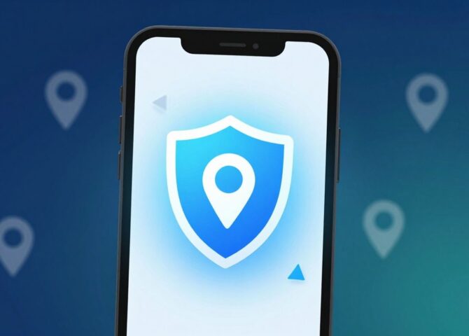 iPhone mit Datenschutz-Symbol und verschleiertem Standort-Pin.