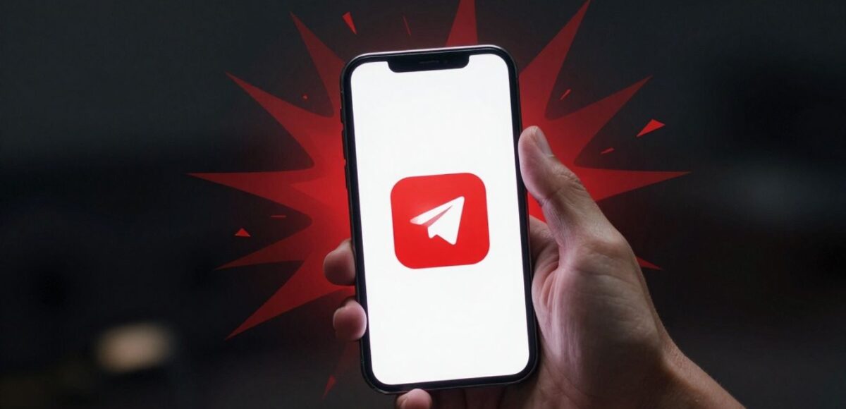 Telegram-Betrug: Verängstigter Nutzer mit Smartphone und roten Explosionen.