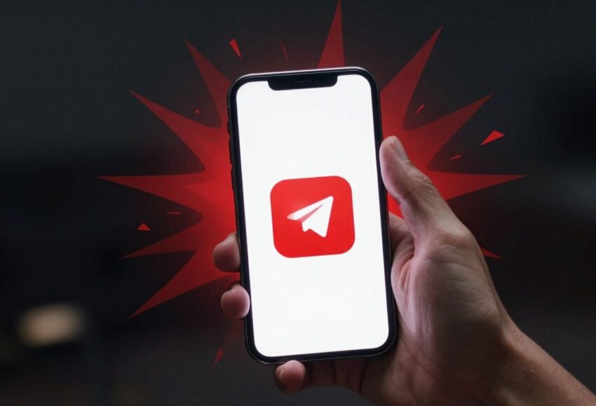 Telegram-Betrug: Verängstigter Nutzer mit Smartphone und roten Explosionen.