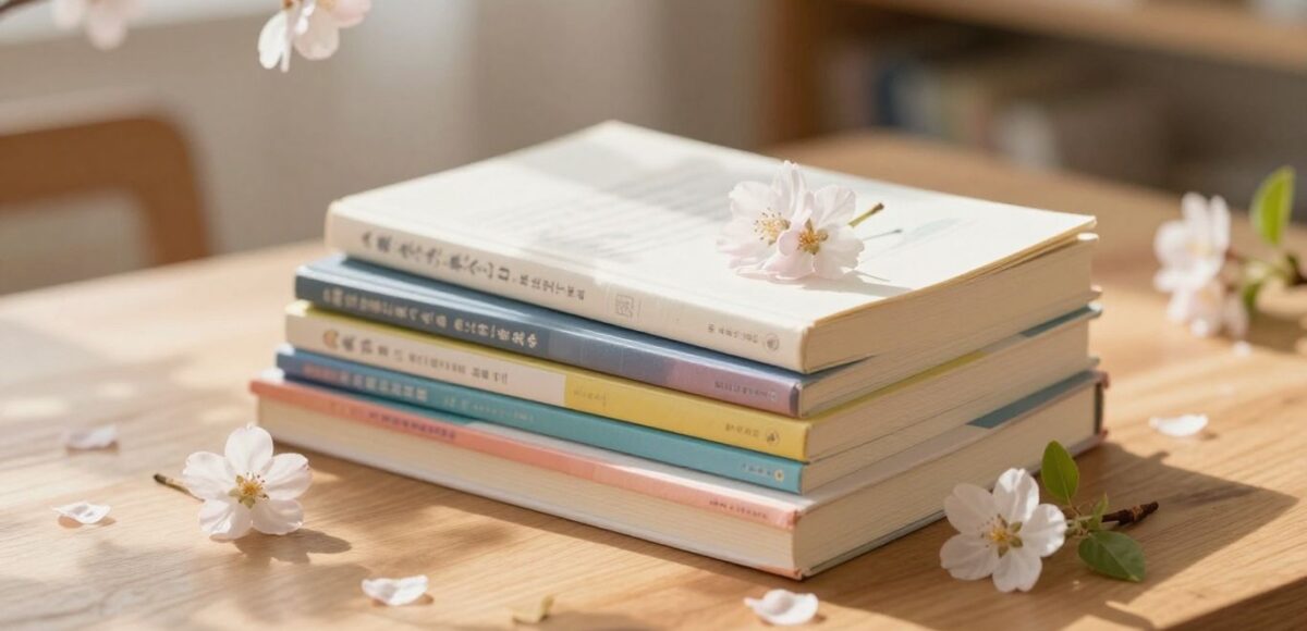 Bücherstapel mit Frühlingsblumen im Sonnenlicht