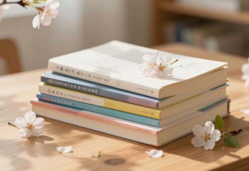 Bücherstapel mit Frühlingsblumen im Sonnenlicht