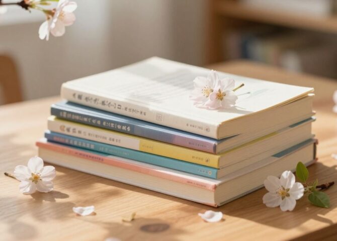 Bücherstapel mit Frühlingsblumen im Sonnenlicht
