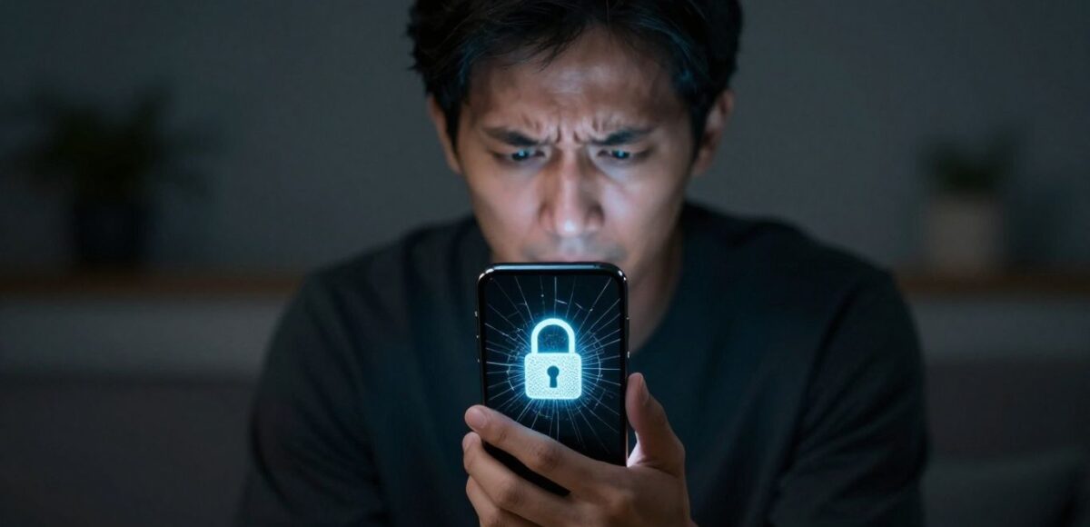 Gehacktes E-Mail-Konto: Person mit Smartphone und Schloss-Symbol.