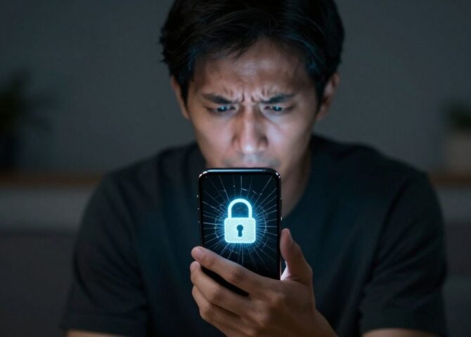 Gehacktes E-Mail-Konto: Person mit Smartphone und Schloss-Symbol.