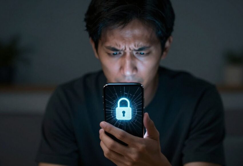 Gehacktes E-Mail-Konto: Person mit Smartphone und Schloss-Symbol.