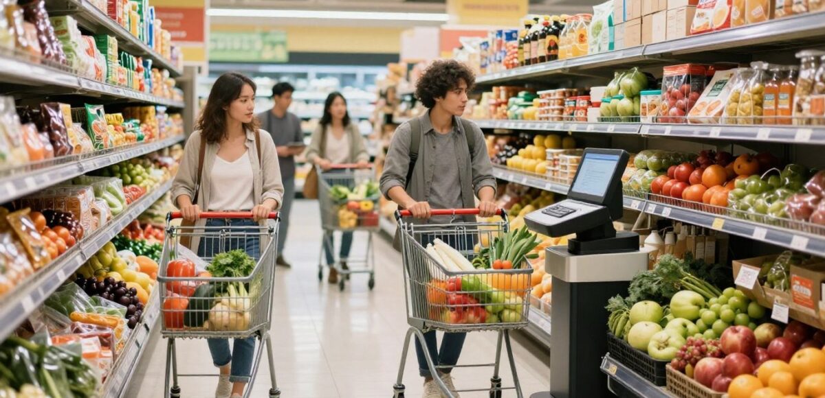 Deutsche kaufen Lebensmittel im Supermarkt ein.