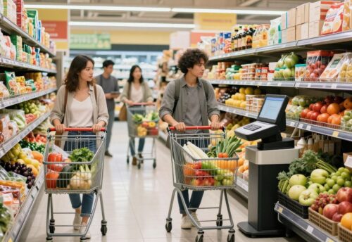 Deutsche kaufen Lebensmittel im Supermarkt ein.