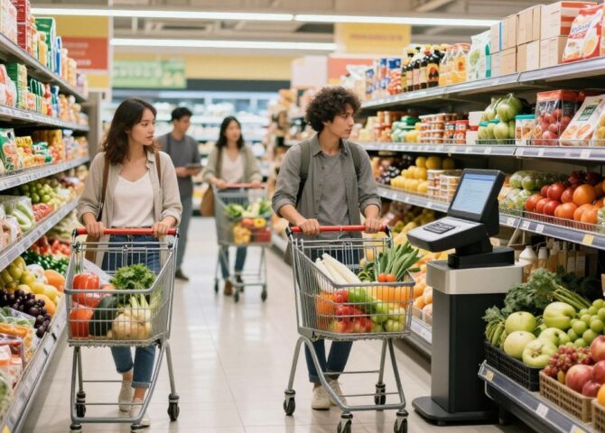Deutsche kaufen Lebensmittel im Supermarkt ein.