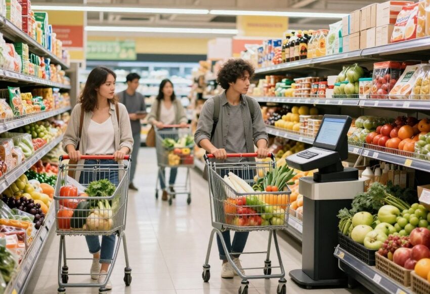 Deutsche kaufen Lebensmittel im Supermarkt ein.